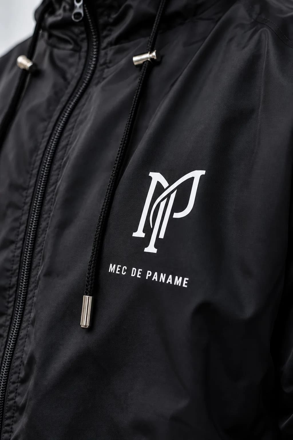Gros plan du coupe-vent noir : monogramme MP et logotype Mec de Paname blancs sur la poitrine